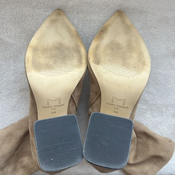 Marc Fisher LTD Larry Sock Ankle Boot Women 9 M Tan Faux Suede Pointed Toe Block - Picture 11 of 15